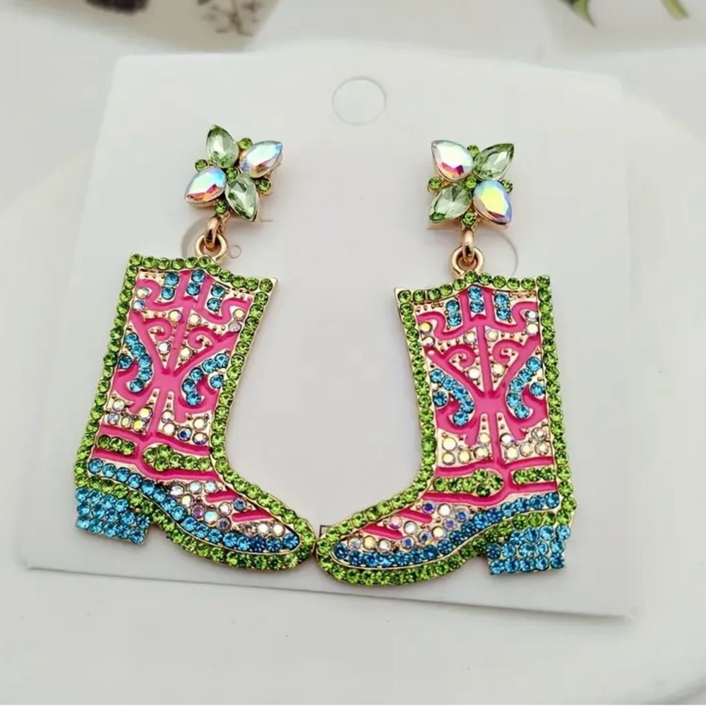 Colourful Cowgirl Boot Earrings Rhinestones Pink Green Blue Western Cowboy Post